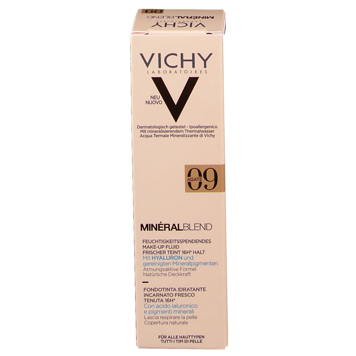 Emballage du fond de teint VICHY Minéralblend 09 agate. Informations sur le produit.
