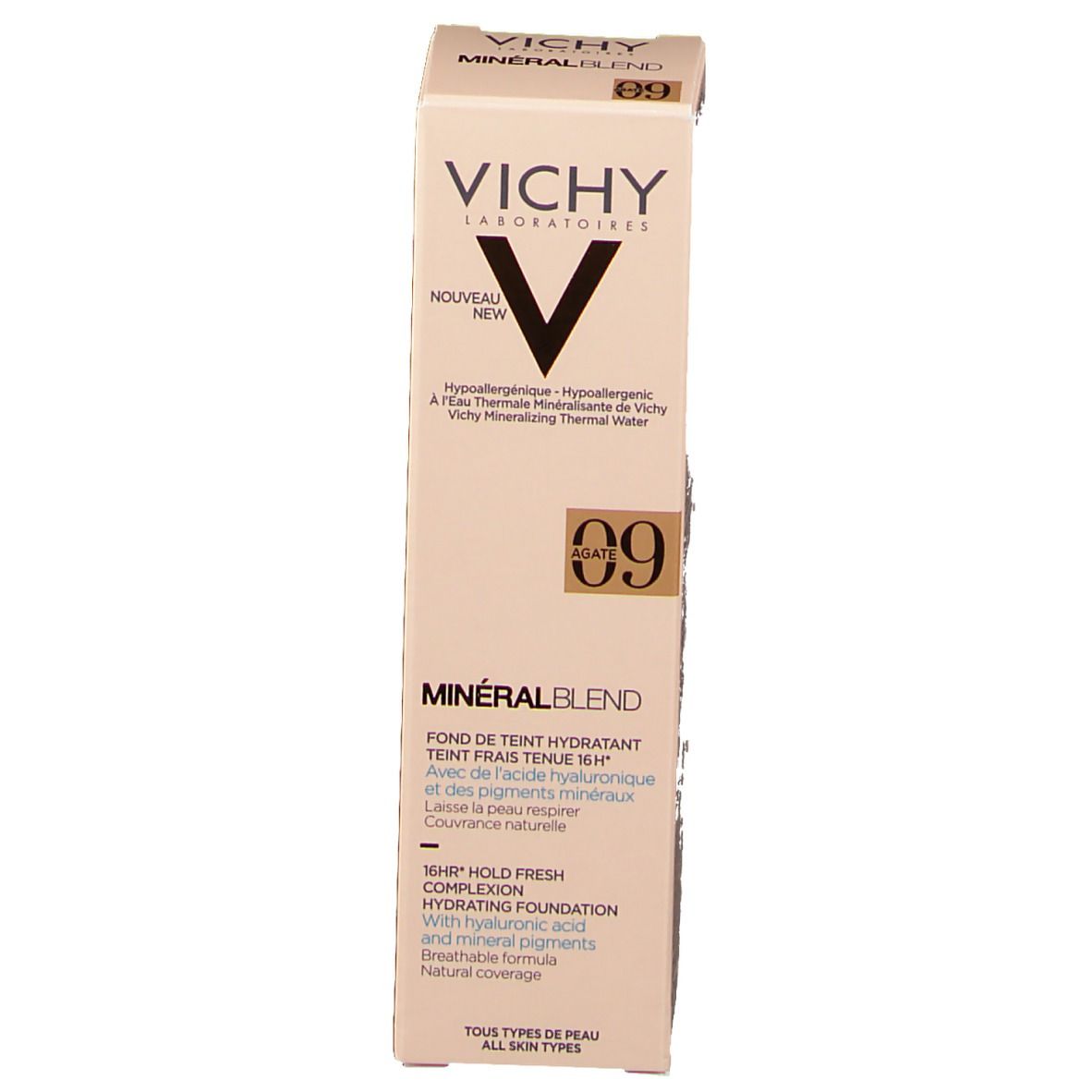 Côté de l'emballage du fond de teint VICHY Minéralblend 09 agate. Informations produit.