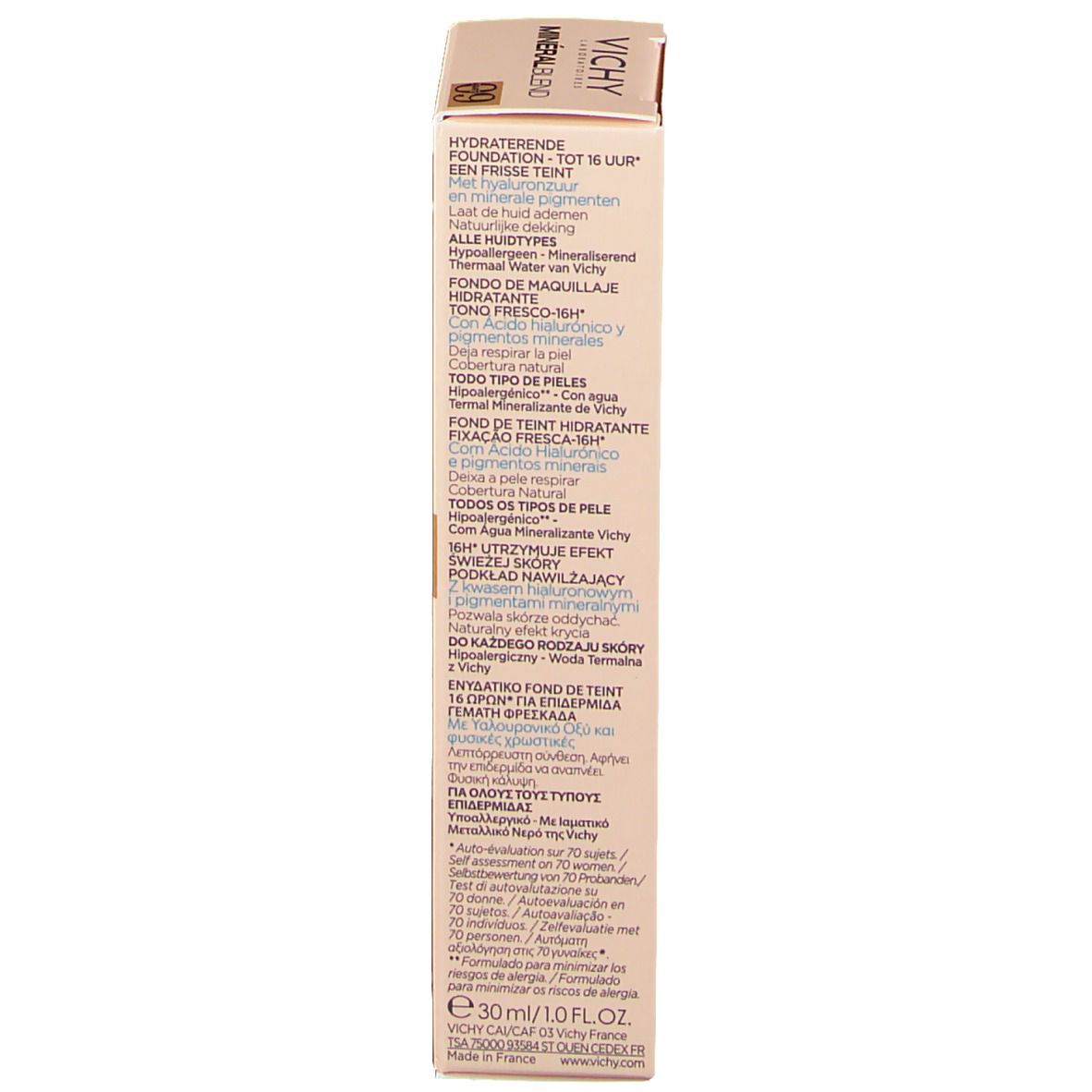 Fond de teint VICHY Minéralblend 09 agate. Tube avec informations produit.