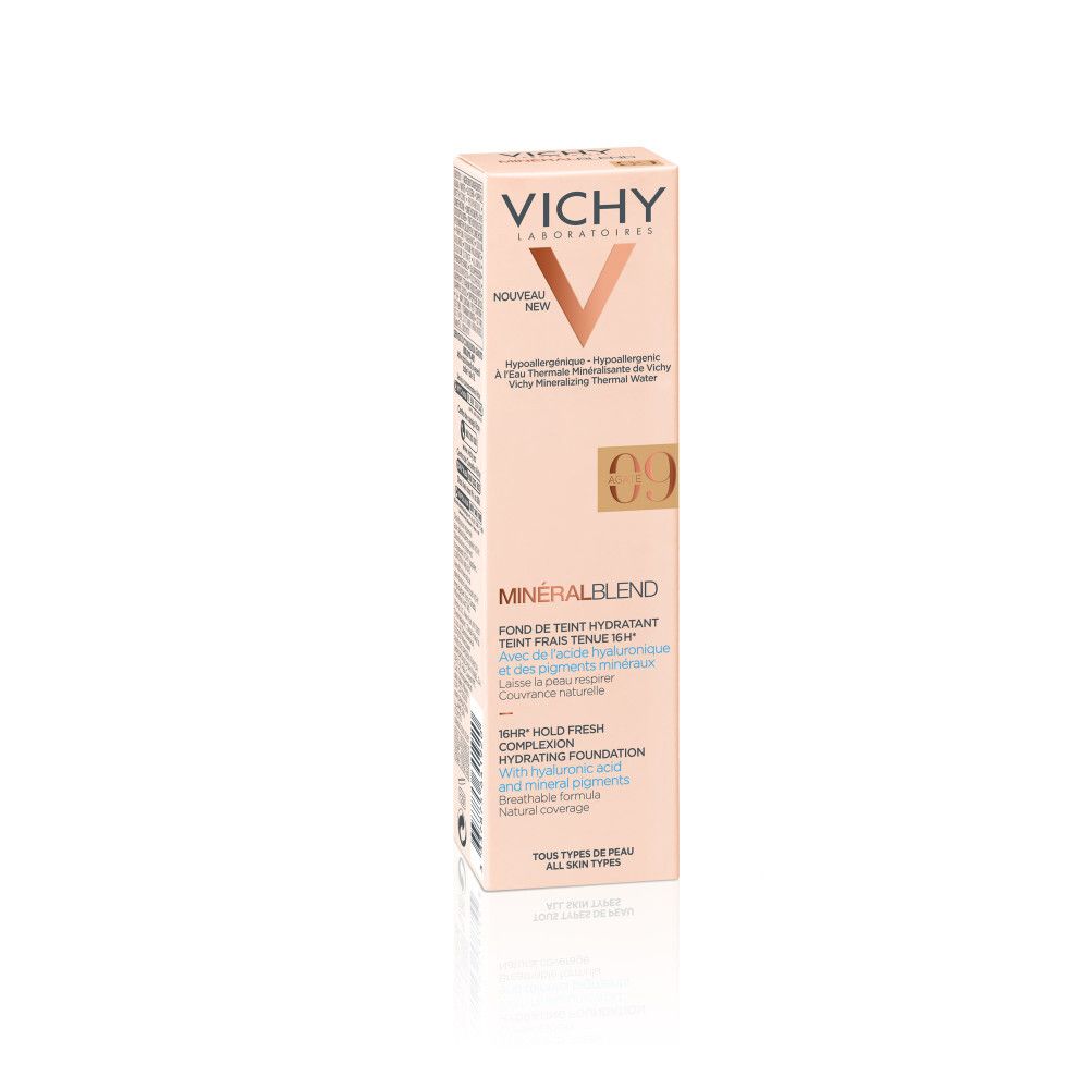 VICHY Minéralblend make-up fluid 09 agate en verpakking. Product en doos.