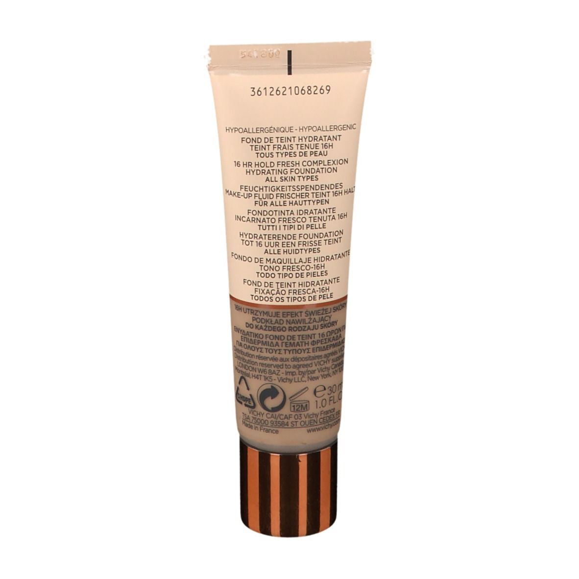 Dos du tube VICHY Minéralblend Make-up Fluid. Informations et ingrédients du produit.