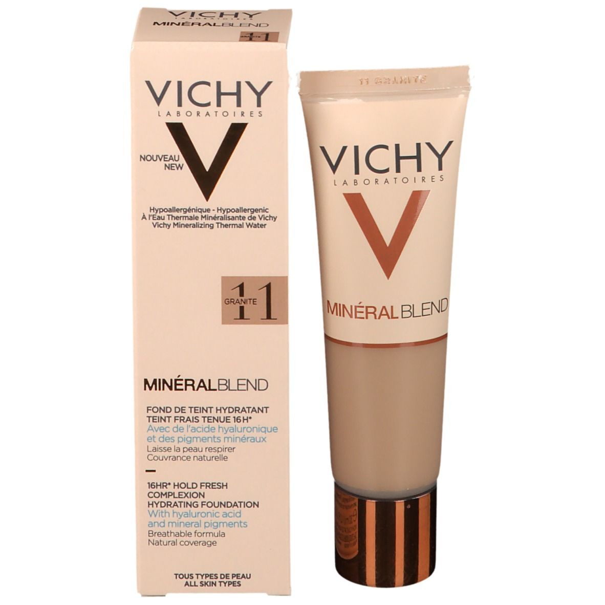 VICHY Minéralblend Make-up Fluid 11 granite et emballage. Produit et emballage visibles.