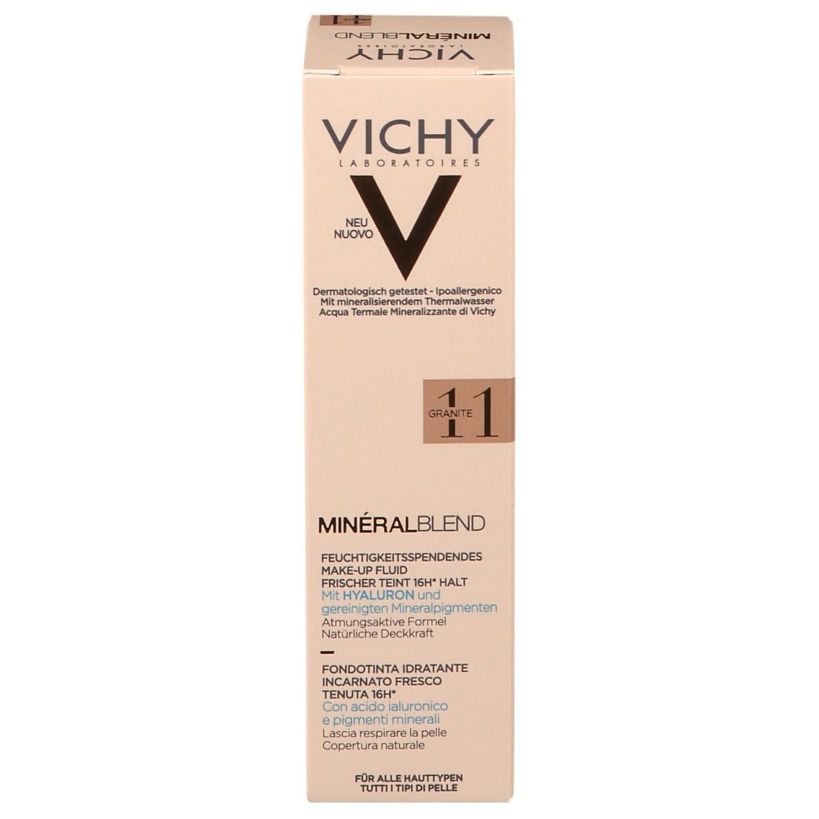 Côté de l'emballage de VICHY Minéralblend Make-up Fluid. Informations sur le produit.