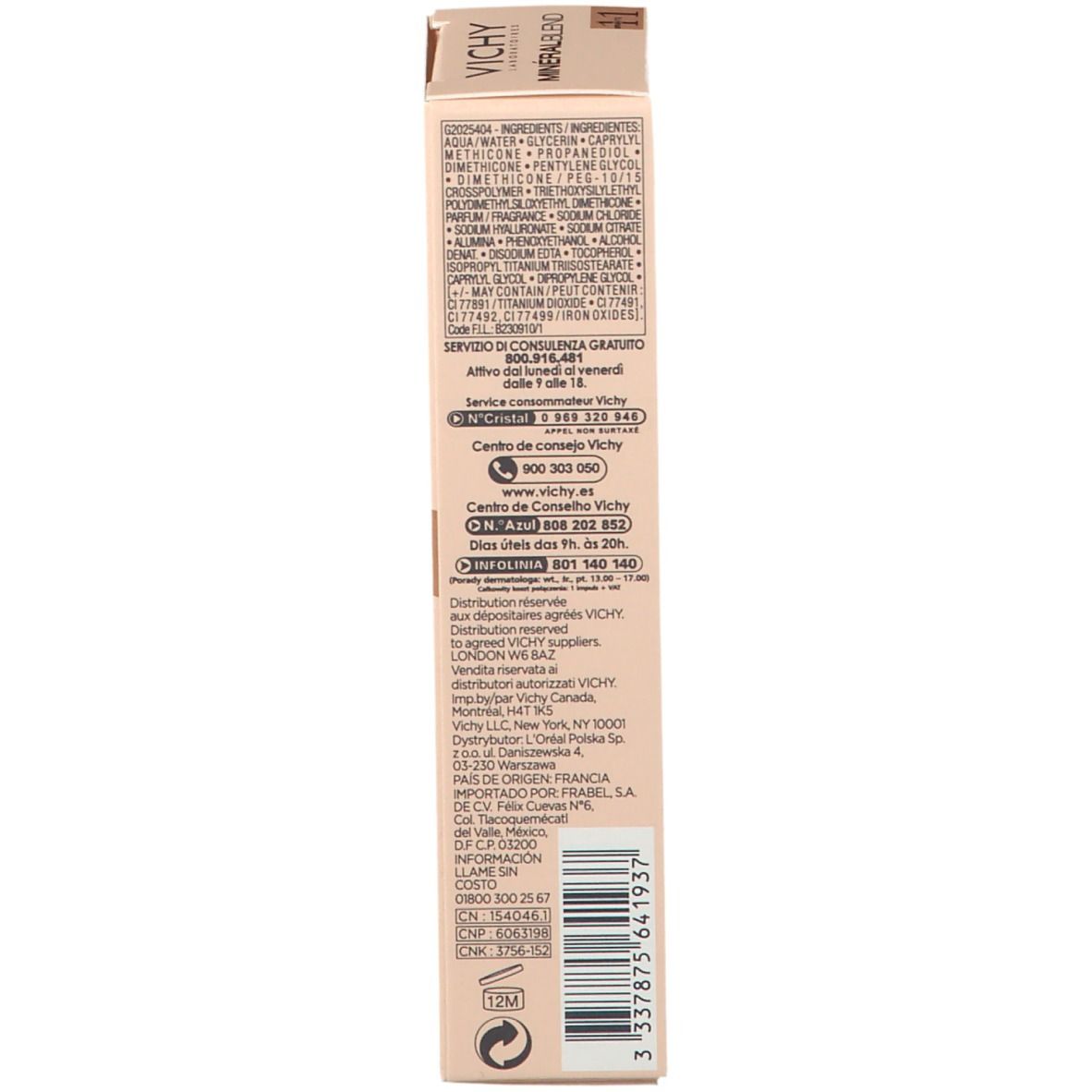 Côté de l'emballage de VICHY Minéralblend Make-up Fluid. Informations sur le produit.