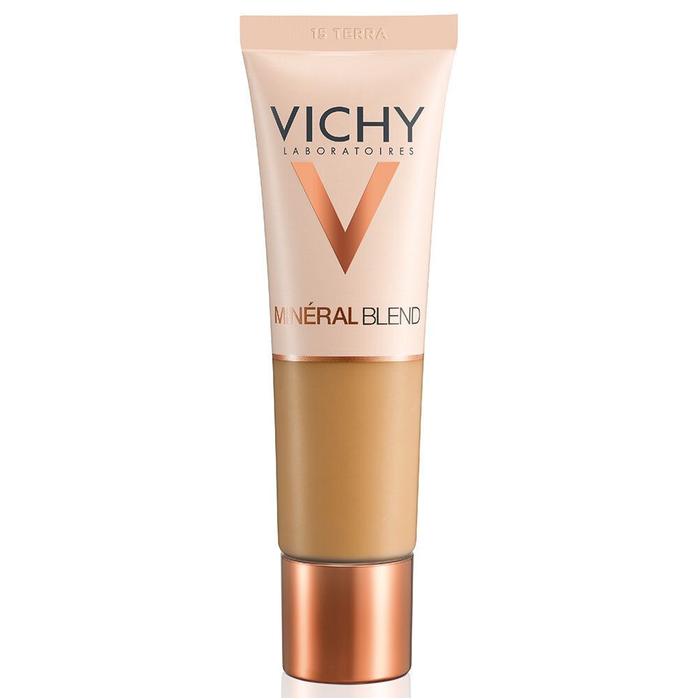 Tube de fond de teint. Marque: Vichy. Teinte: 15 Terra. Tube beige avec contenu brun. Bouchon cuivré.