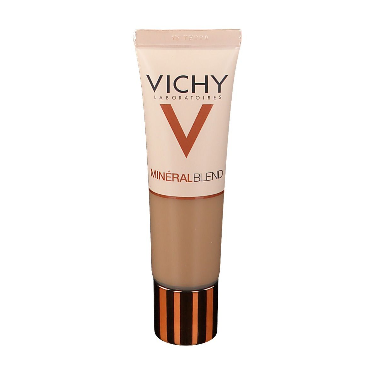Fond de teint. Marque: Vichy. Tube avec contenu brun. Tube beige avec bouchon cuivré.