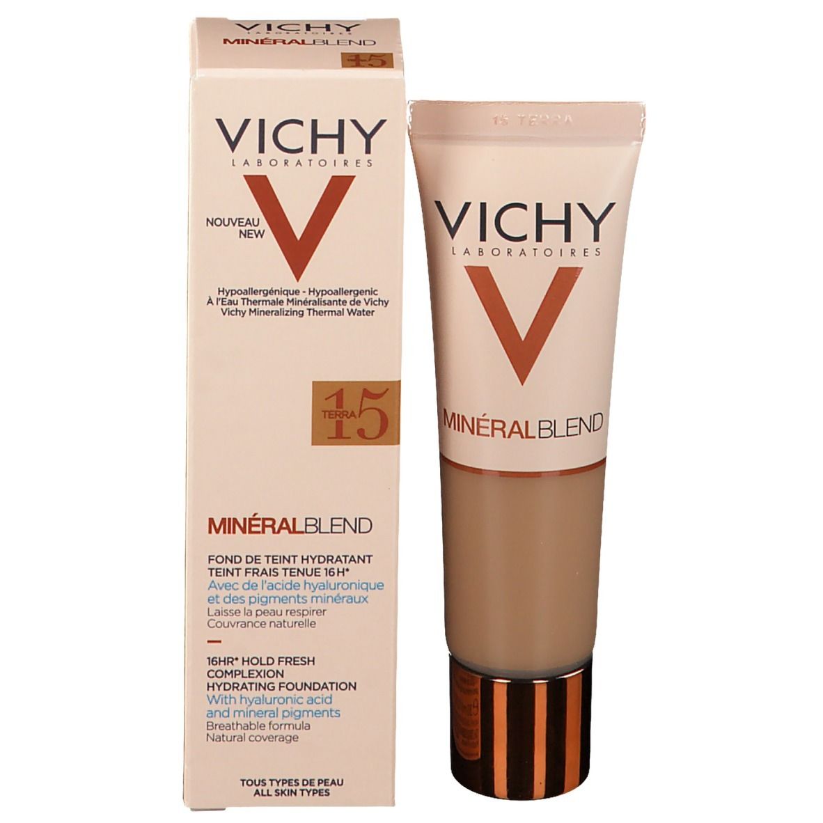 Fond de teint et emballage. Marque: Vichy. Teinte: 15 Terra. Boîte beige avec image du produit.