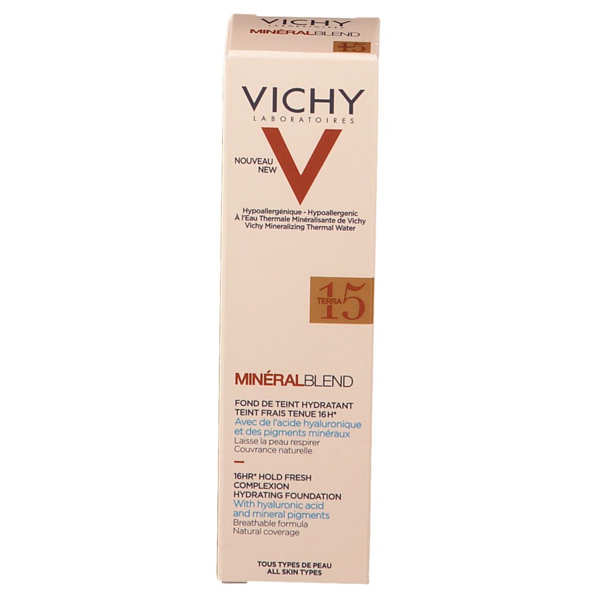 Fond de teint et emballage. Marque: Vichy. Teinte: 15 Terra. Boîte beige avec image du produit.
