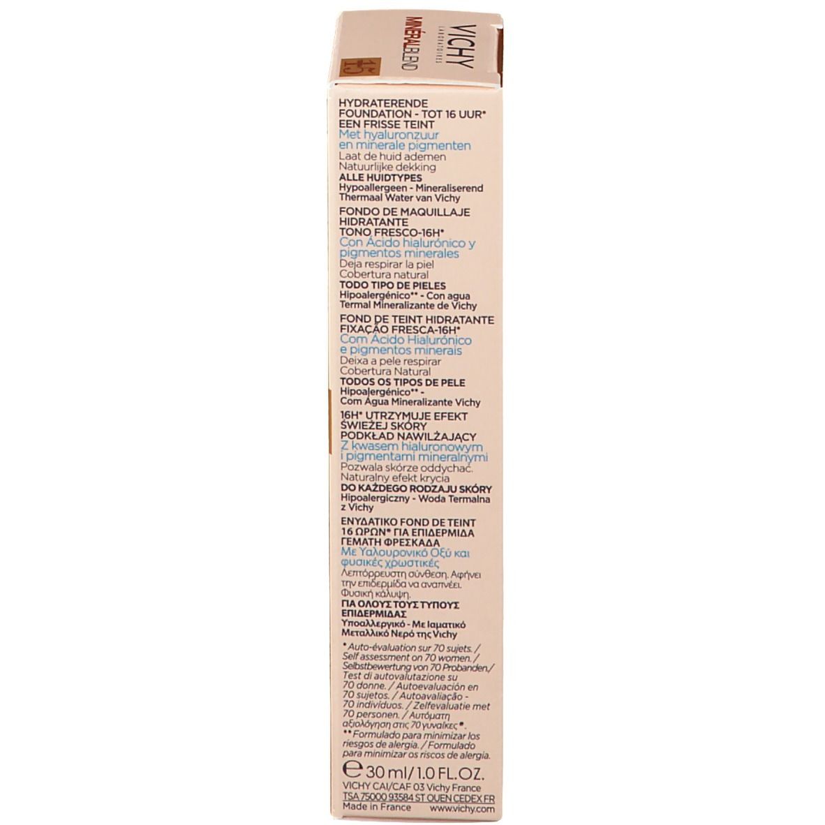 Côté de l'emballage. Texte multilingue. Ingrédients et informations.