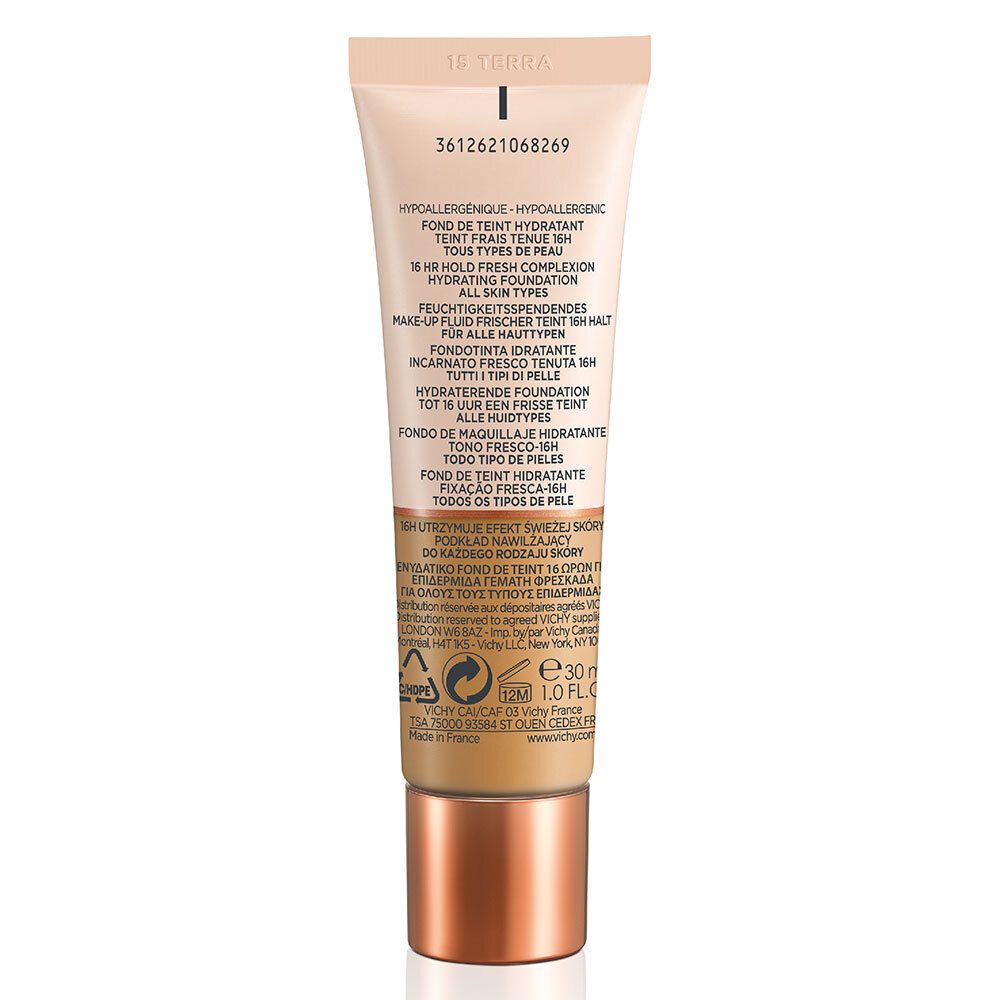 Dos du tube de fond de teint. Texte multilingue. Ingrédients et informations. 30 ml.