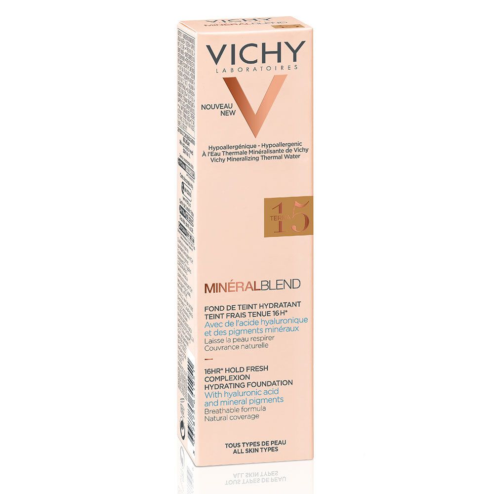 Emballage du fond de teint. Marque: Vichy. Teinte: 15 Terra. Boîte beige avec image et texte du produit.