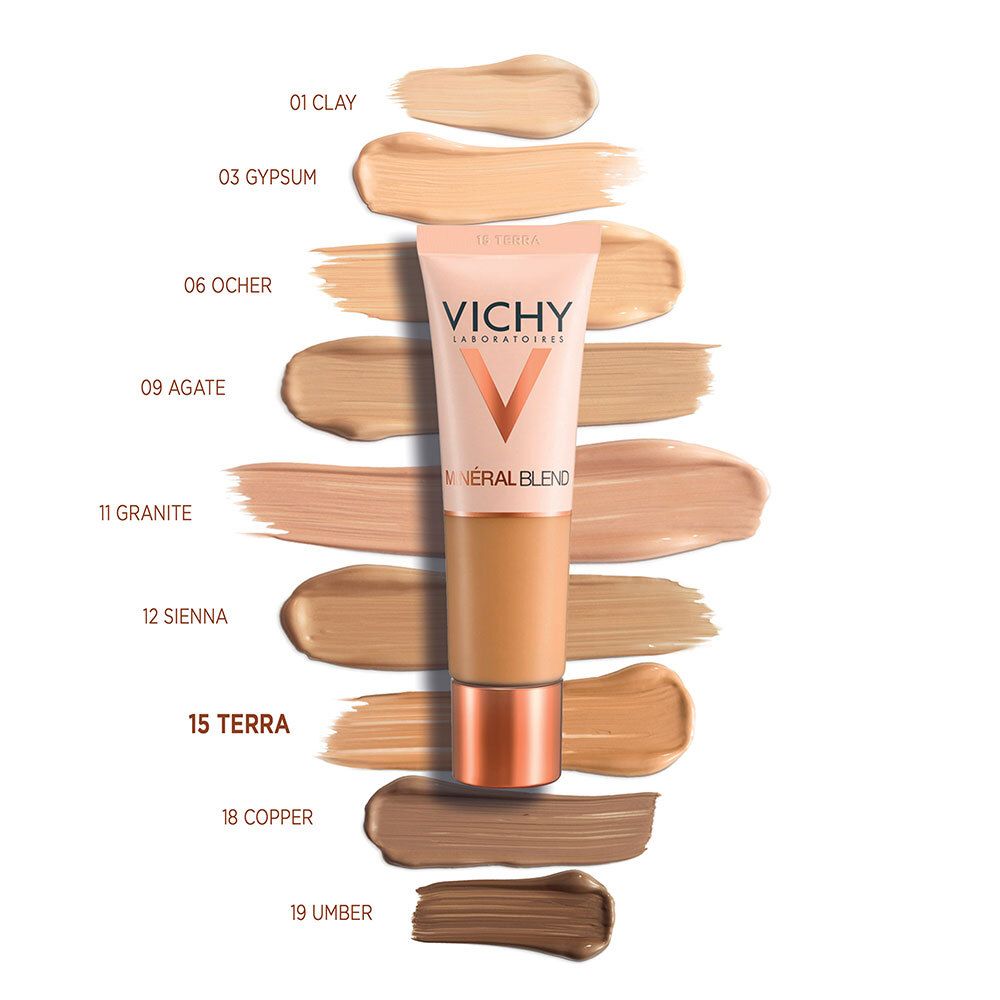 Fond de teint et nuances. Marque: Vichy. Tube avec nuances. Nuances de clair à foncé.