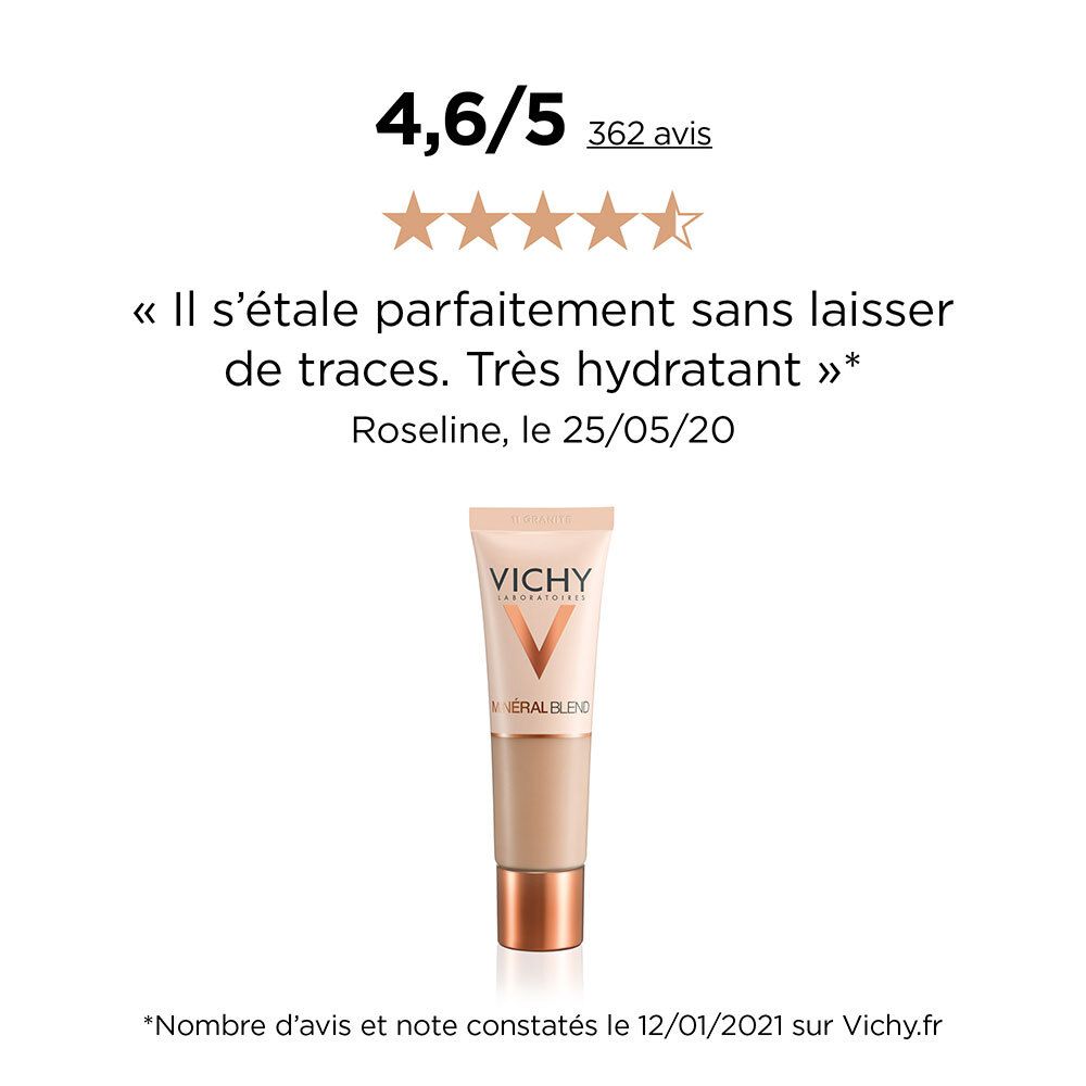 Évaluation et citation. Fond de teint. Marque: Vichy. Produit et citation sur fond blanc.
