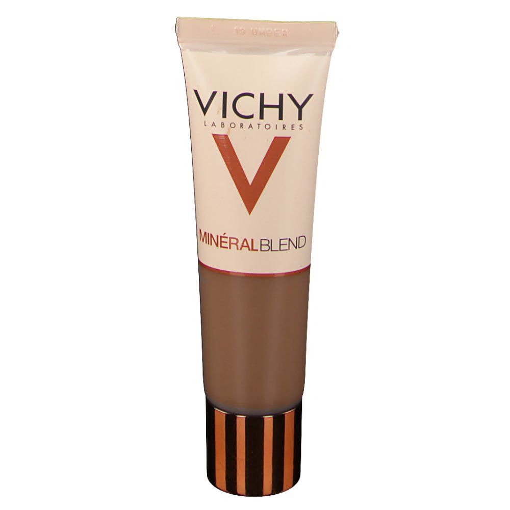 Tube de maquillage VICHY Minéralblend 19 umber. Fond de teint. Tube beige et marron. Base dorée et marron.
