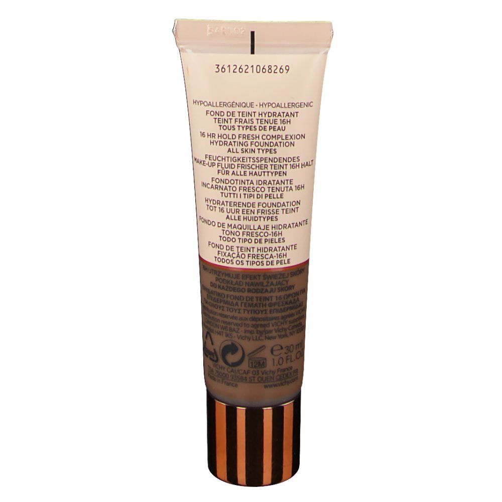 Dos du tube de maquillage. Texte multilingue. VICHY. Teinte umber. Beige, marron et doré.
