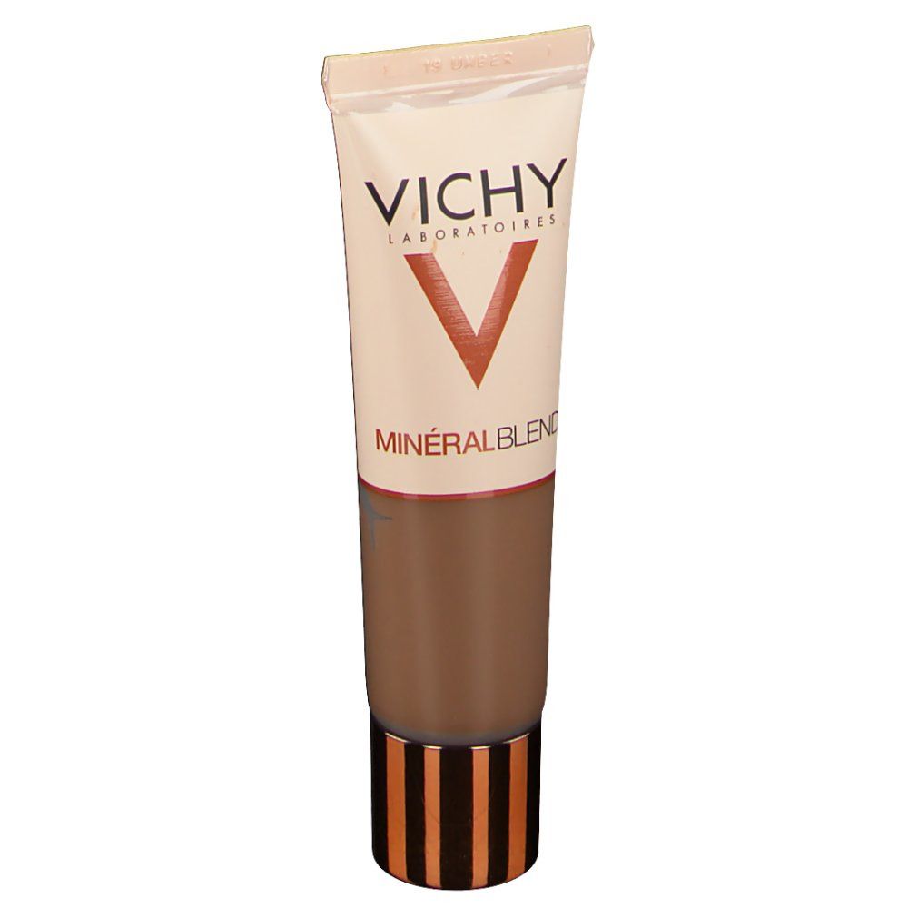 Tube de maquillage VICHY Minéralblend 19 umber. Fond de teint. Beige, marron et doré.