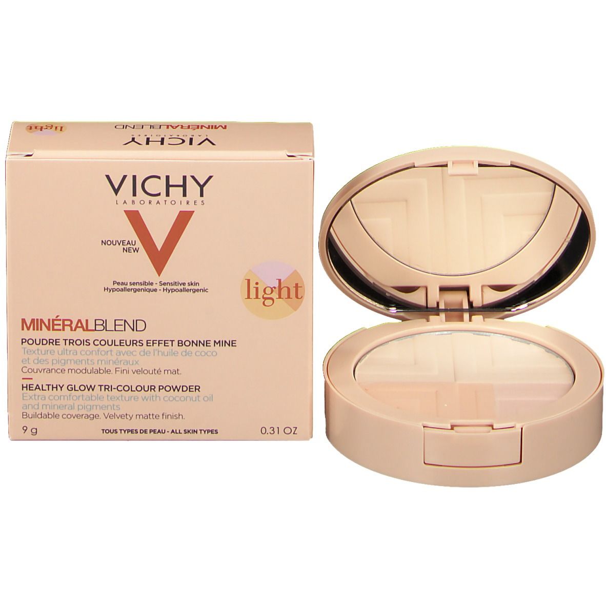 Boîtier de poudre et emballage. VICHY Minéralblend est sur l'emballage.