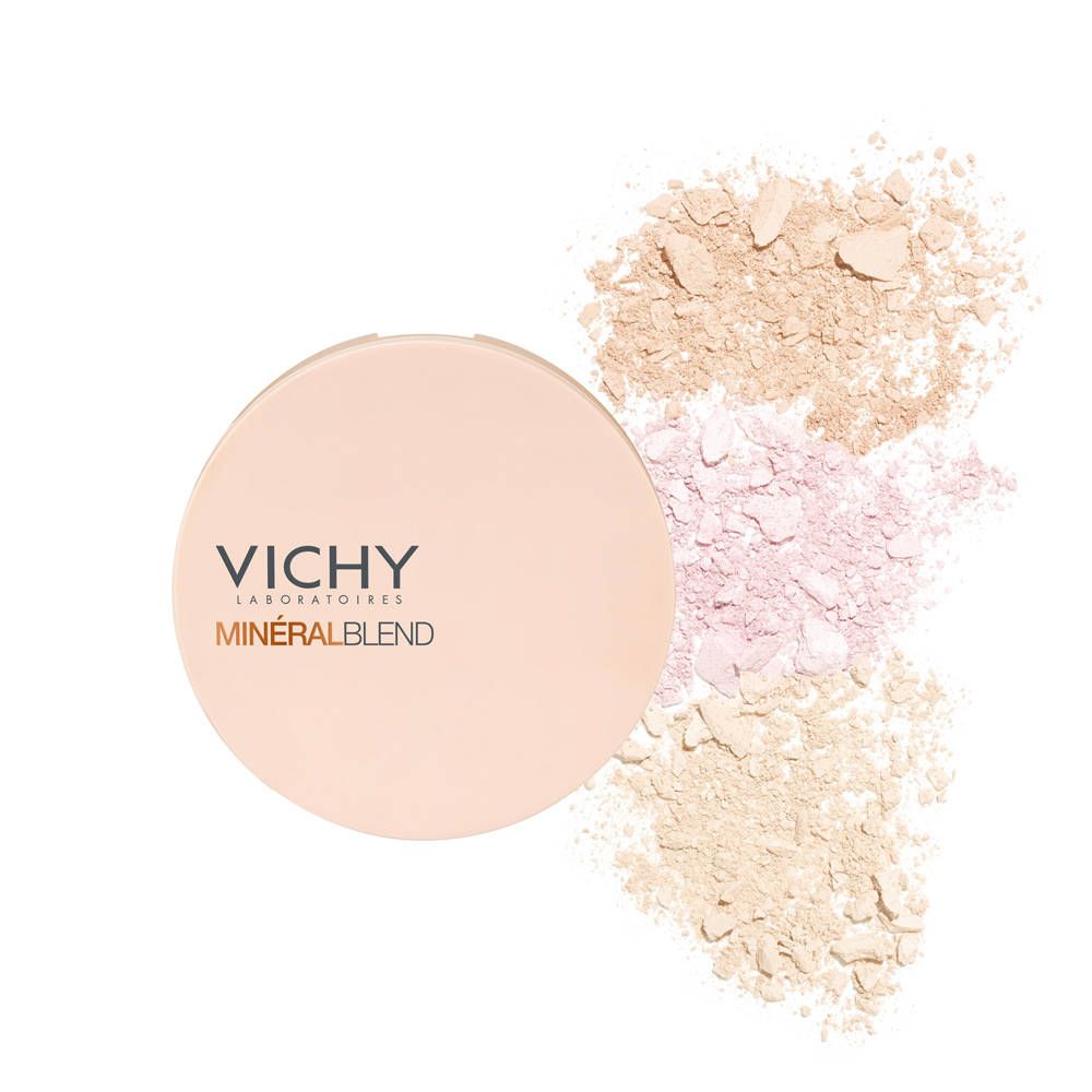 Boîtier de poudre rond fermé avec logo VICHY et Minéralblend. À côté, trois poudres de couleur.