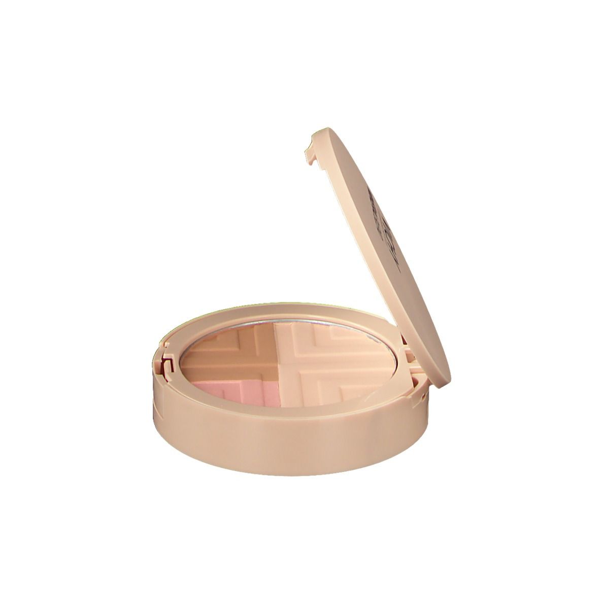 Ronde poederdoos, geopend. Poeder in beige, bruin en roze tinten. Geometrisch patroon.