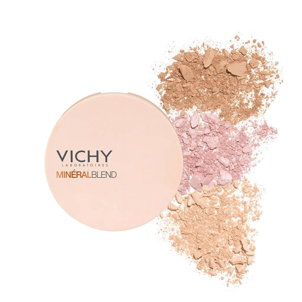 Ronde poederdoos met opschrift VICHY MINÉRALBLEND. Daarnaast losse poeders in beige, bruin en roze tinten.
