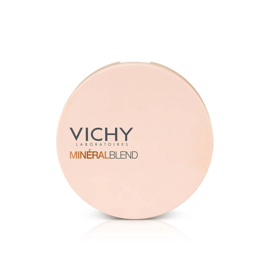 Ronde poederdoos in beige met opschrift VICHY LABORATOIRES MINÉRALBLEND.