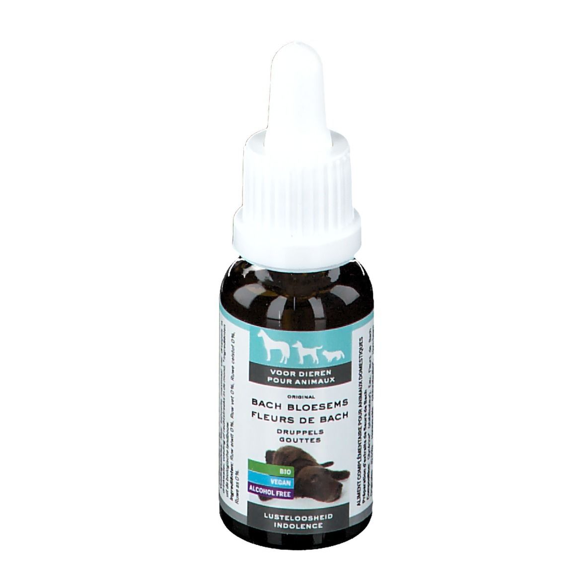 Bruine glazen fles met witte dop en pipet. Etiket met tekst en afbeeldingen. Voor dieren.