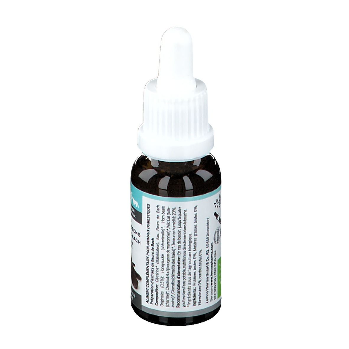 Bruine glazen fles met witte dop en pipet. Etiket met tekst. Voor dieren. Achteraanzicht.