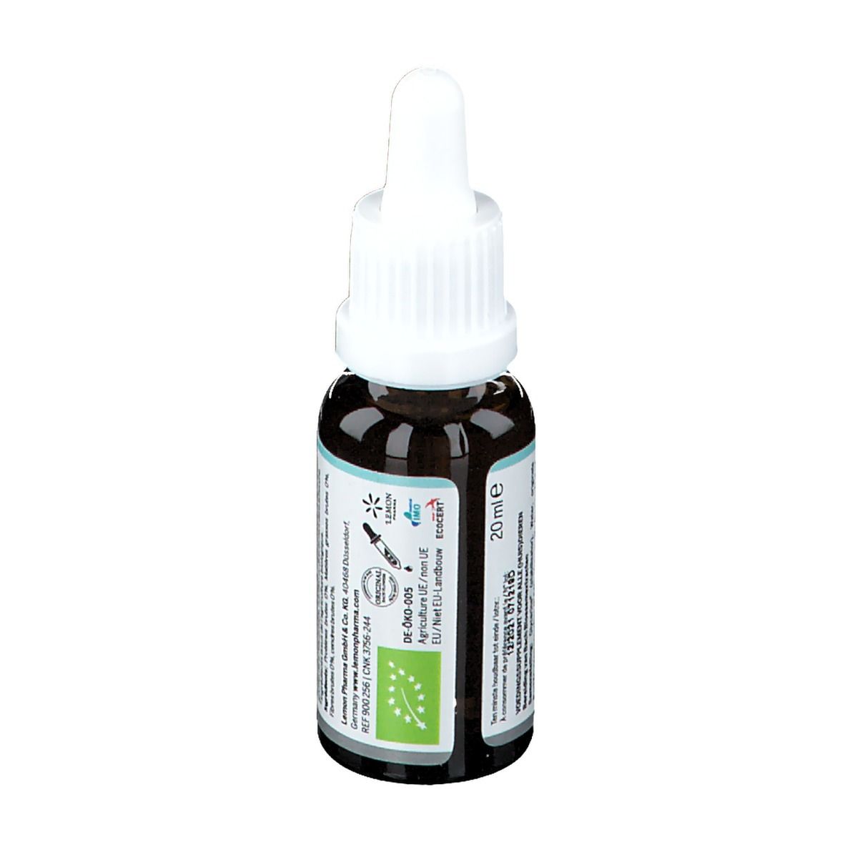 Bruine glazen fles met witte dop en pipet. Etiket met tekst. Voor dieren. 20 ml.