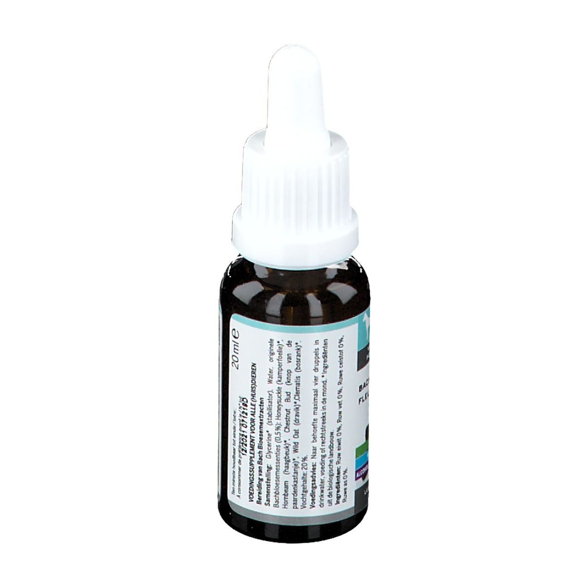 Bruine glazen fles met witte dop en pipet. Etiket met tekst. Voor dieren. 20 ml. Achteraanzicht.