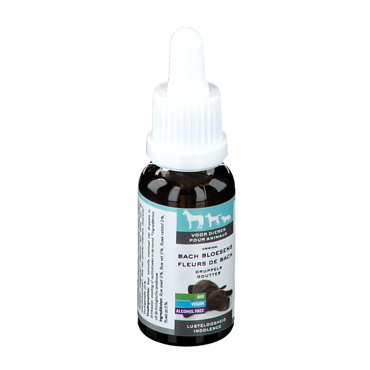 Bruine glazen fles met witte dop en pipet. Etiket met tekst en afbeeldingen. Voor dieren.