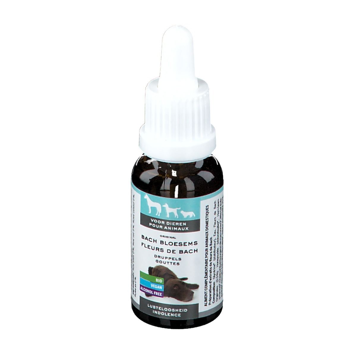 Bruine glazen fles met witte dop en pipet. Etiket met tekst en afbeeldingen. Voor dieren.