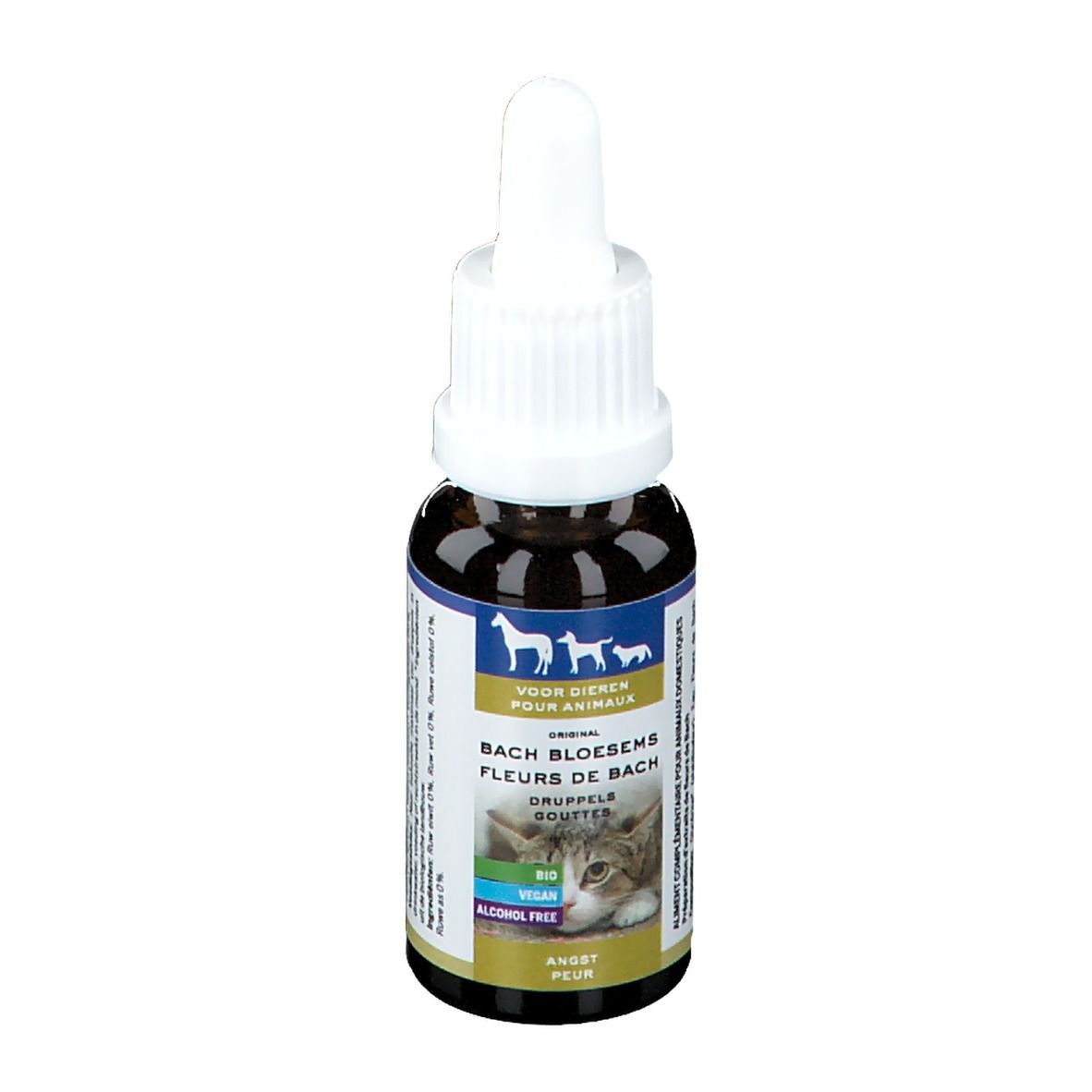 Bruine glazen fles met witte dop. Etiket met productinfo en afbeelding van kat. Opschrift: Angst (angst).