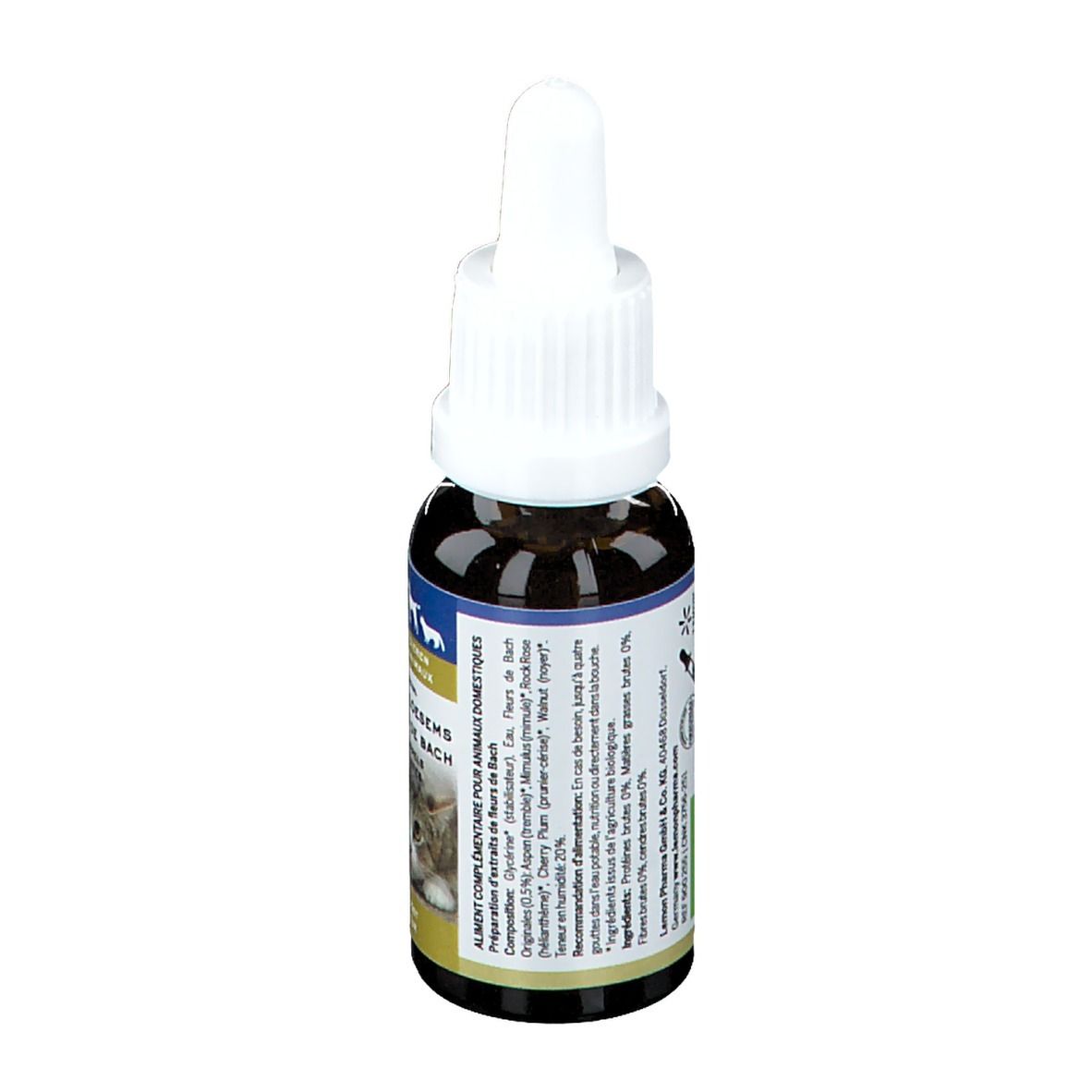 Bruine glazen fles met witte dop. Etiket met productinfo. Tekst: Bach Bloesems, Fleurs de Bach, druppels.