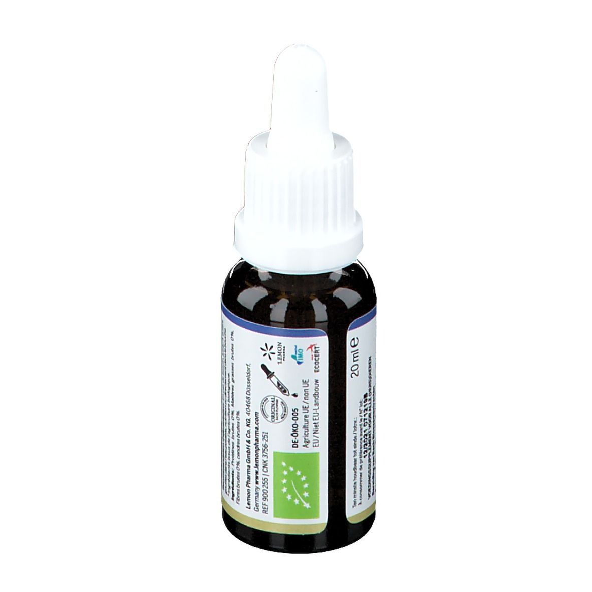 Bruine glazen fles met witte dop. Etiket met productinfo. Tekst: 20 ml, Bio, Vegan, Alcoholvrij.