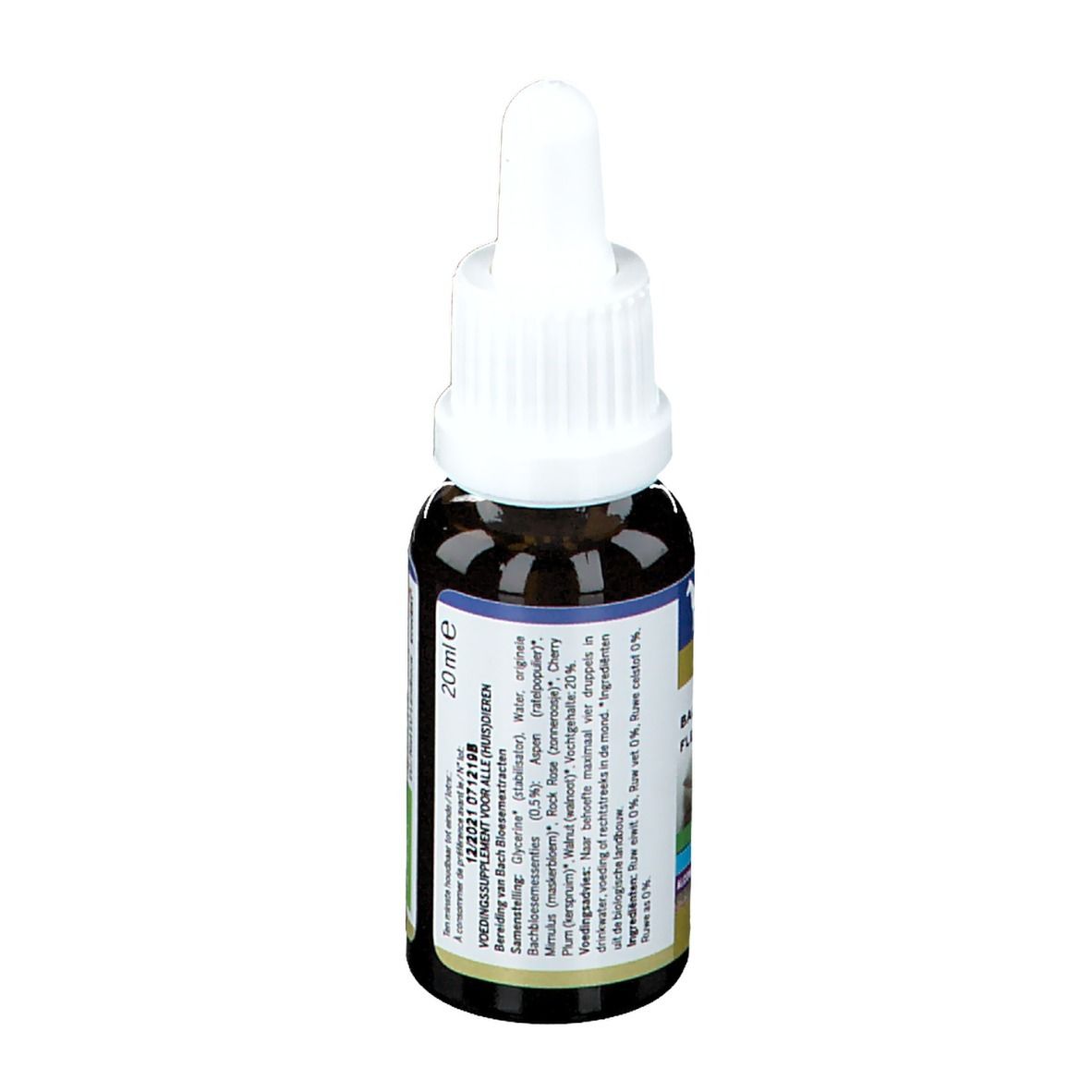 Bruine glazen fles met witte dop. Etiket met productinfo. Tekst: 20 ml, Bio, Vegan, Alcoholvrij.