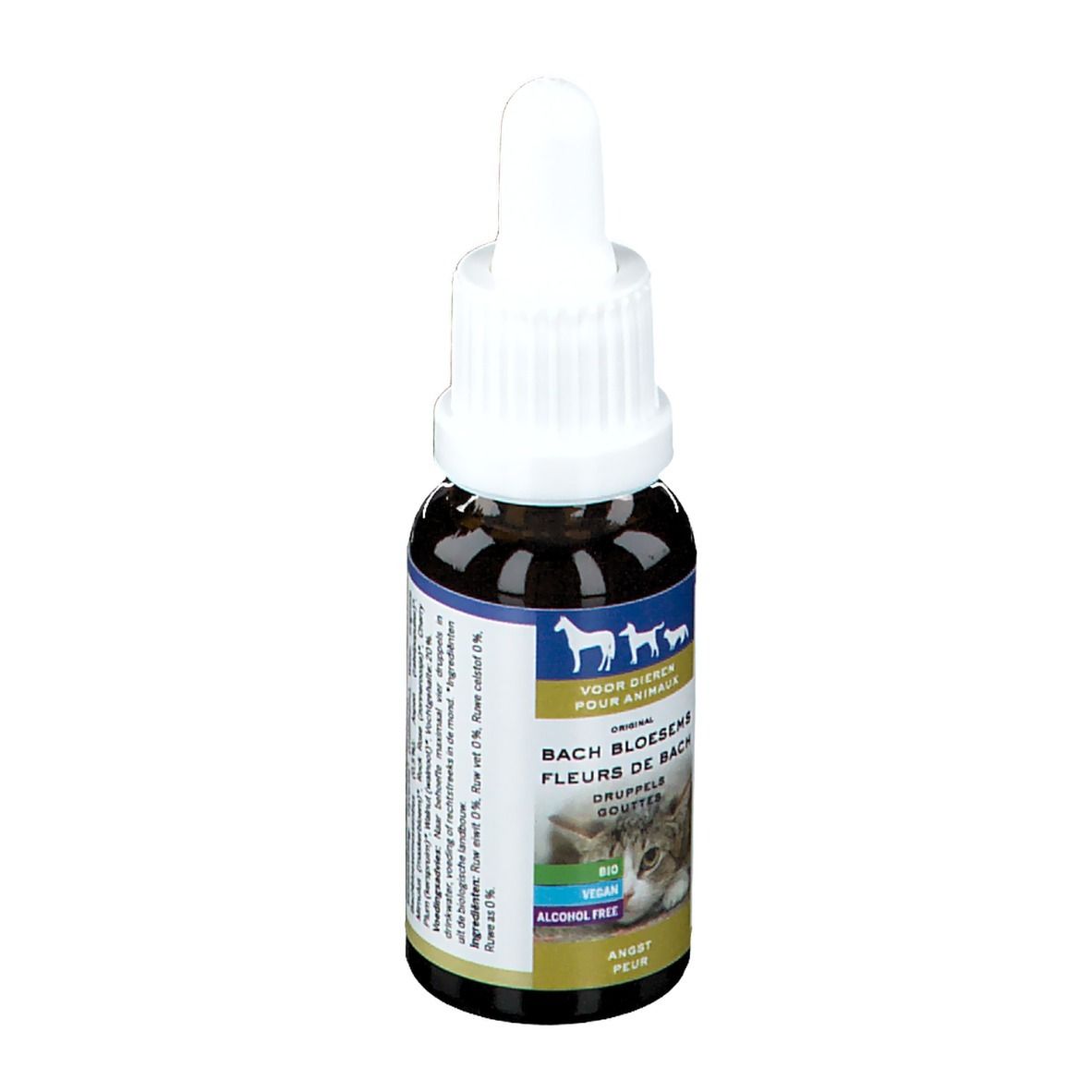 Bruine glazen fles met witte dop. Etiket met productinfo en afbeelding van kat. Opschrift: Angst (angst).