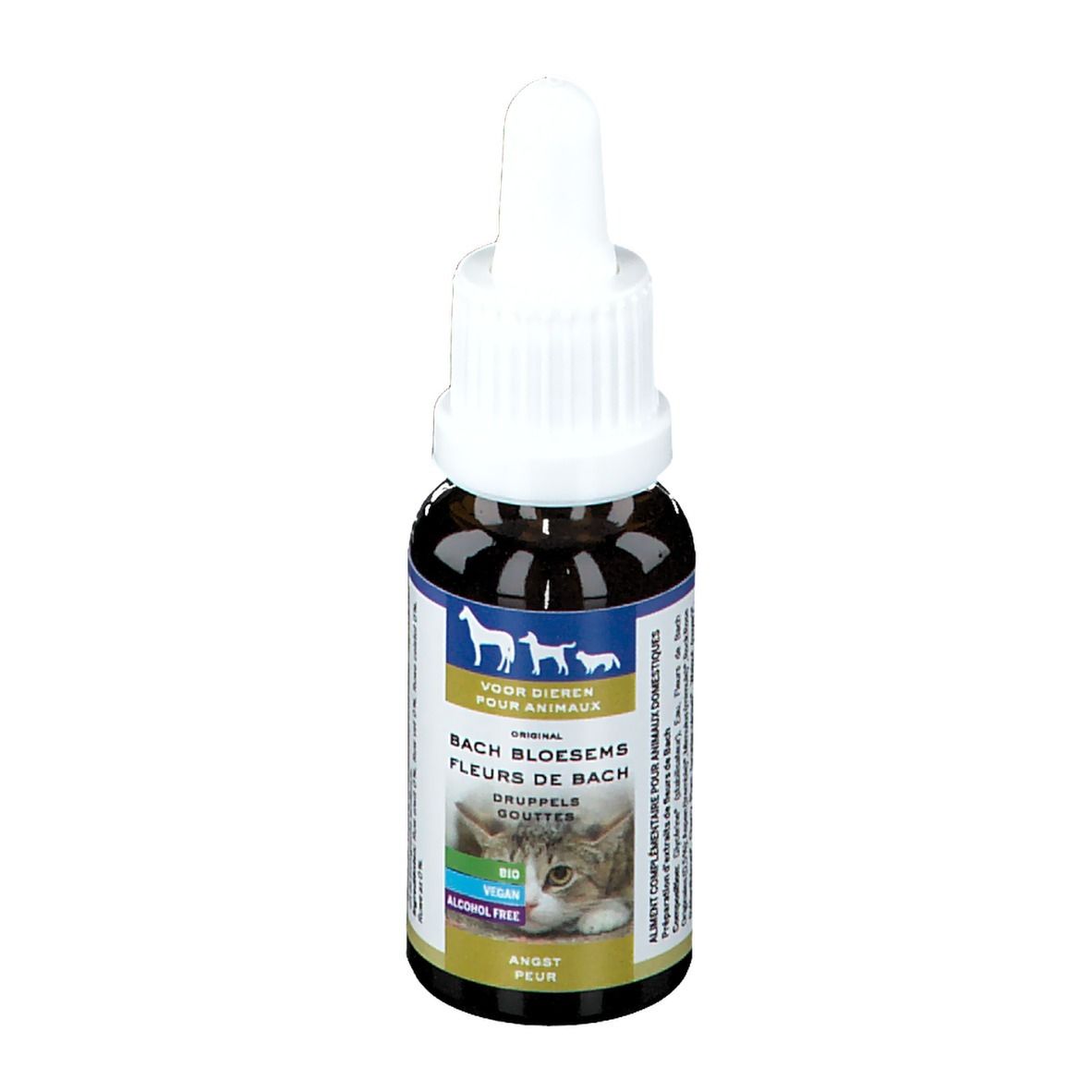 Bruine glazen fles met witte dop. Etiket met productinfo en afbeelding van kat. Opschrift: Angst (angst).