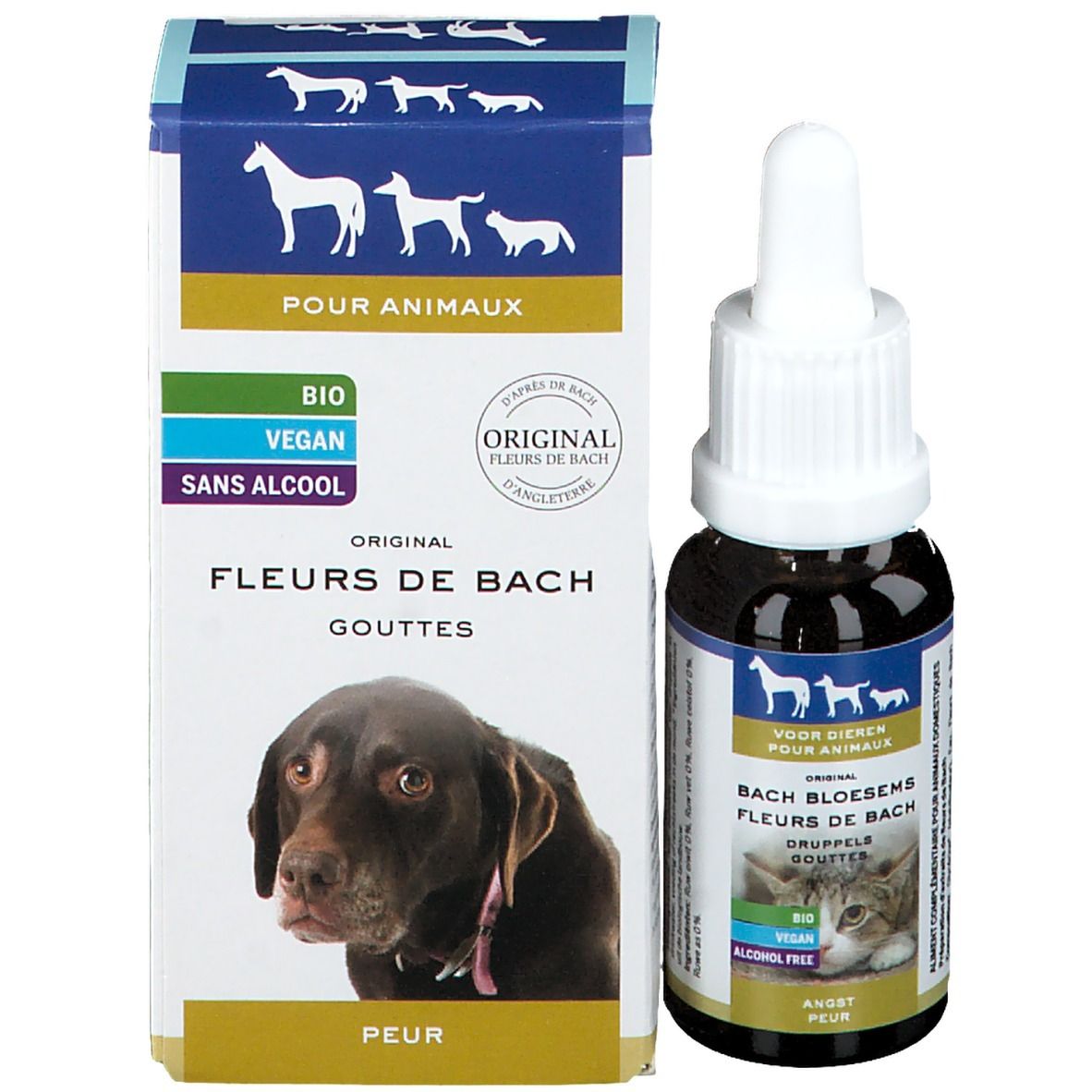 Productfles en verpakking. Bruine fles met witte dop. Verpakking met hond, tekst: Fleurs de Bach, druppels.