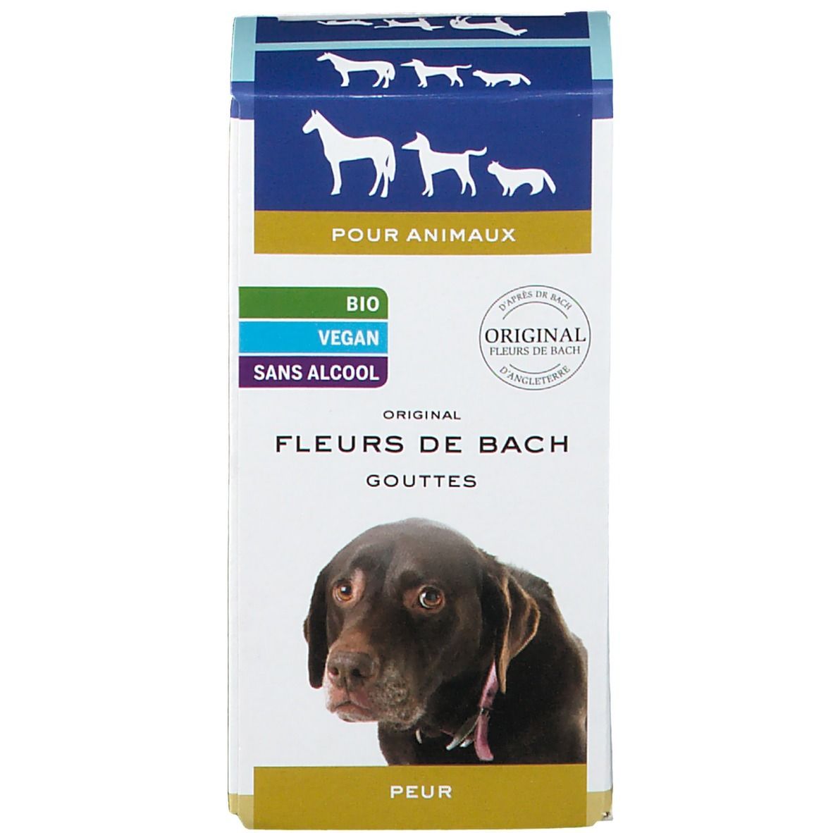 Verpakking met hond. Tekst: Fleurs de Bach, druppels. Logo: Bio, Vegan, Alcoholvrij. Opschrift: Angst.