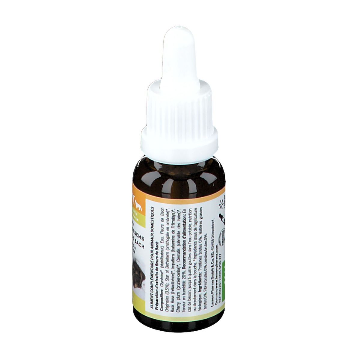 Bruine glazen fles met witte druppelaar. Etiket met tekst. Achterkant met ingrediënten en fabrikantinfo.