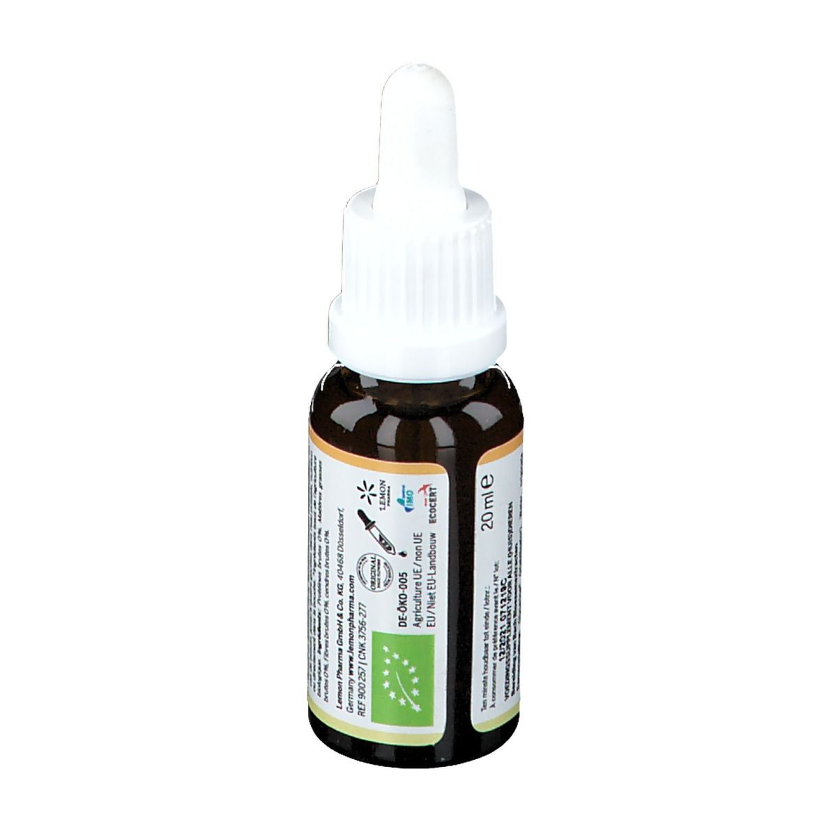 Bruine glazen fles met witte druppelaar. Etiket met tekst en logo. 20 ml. Bio-certificering.