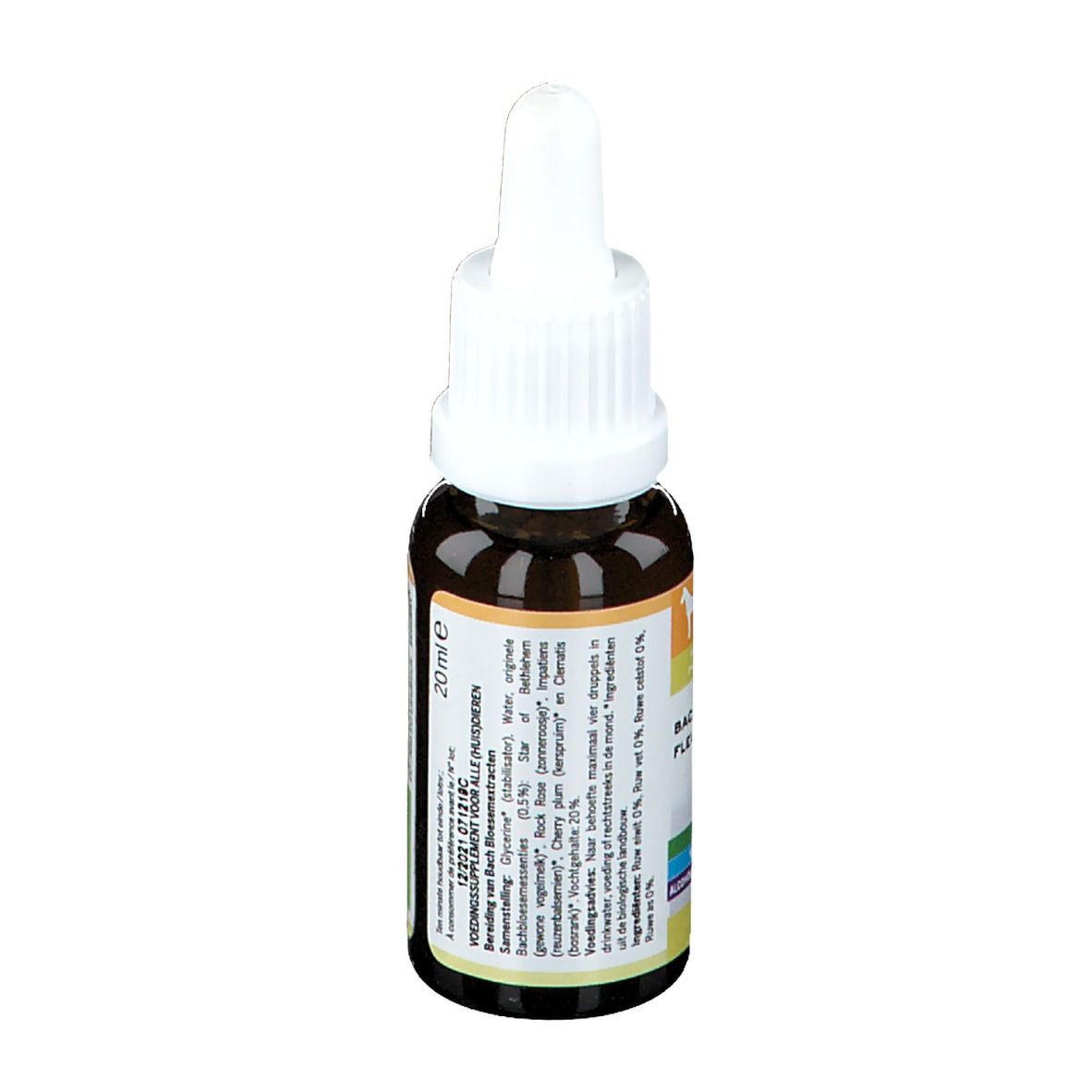 Bruine glazen fles met witte druppelaar. Etiket met tekst. 20 ml. Ingrediënten en fabrikantinfo.