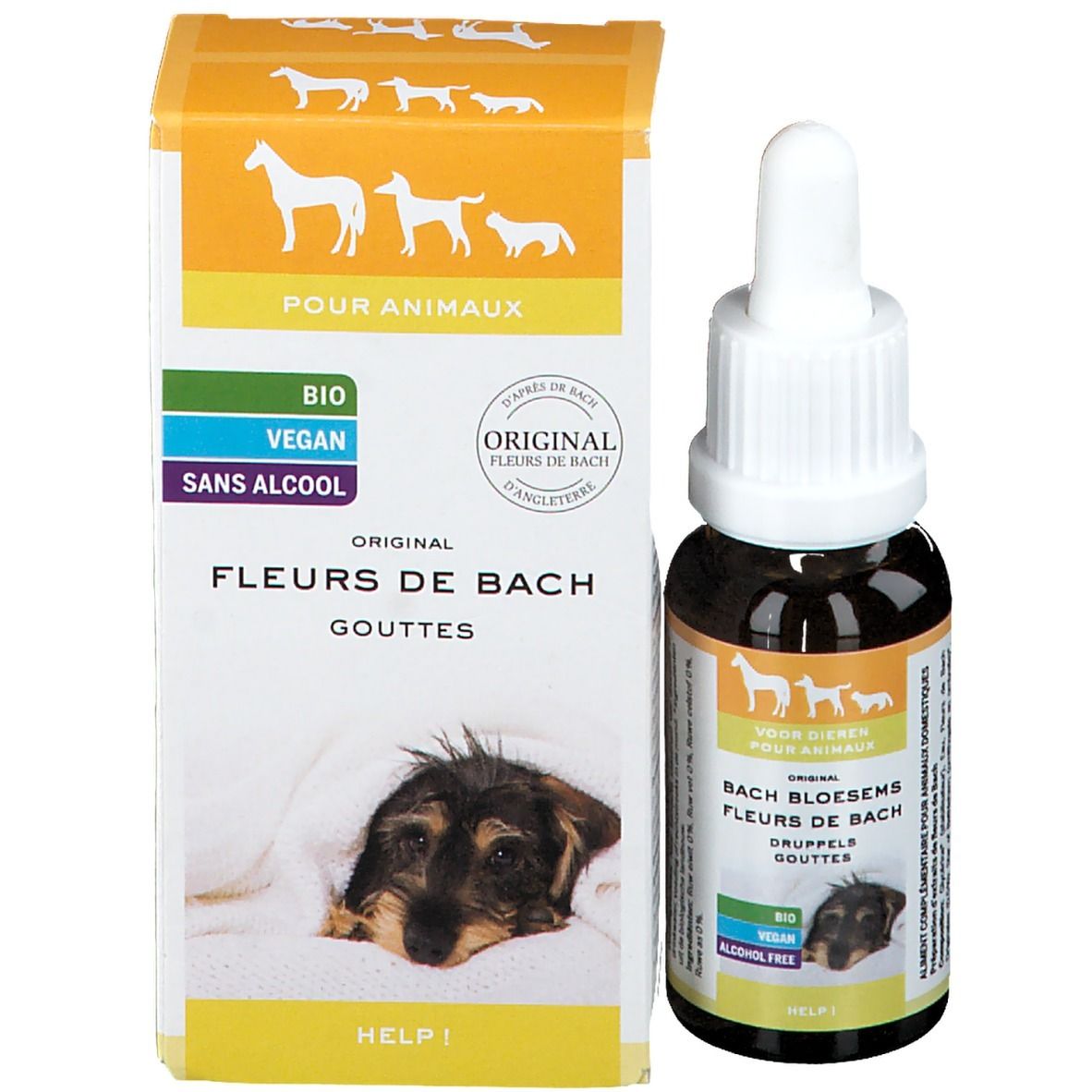 Productfles en verpakking. Fles met witte druppelaar. Verpakking met tekst, logo en hondenfoto. "BIO", "Vegan".