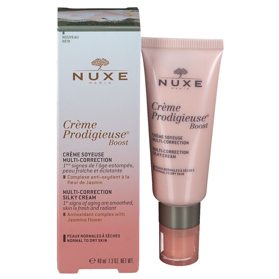 Emballage du produit avec tube et boîte. Inscription: NUXE, Crème Prodigieuse Boost. Crème pour peaux normales à sèches.