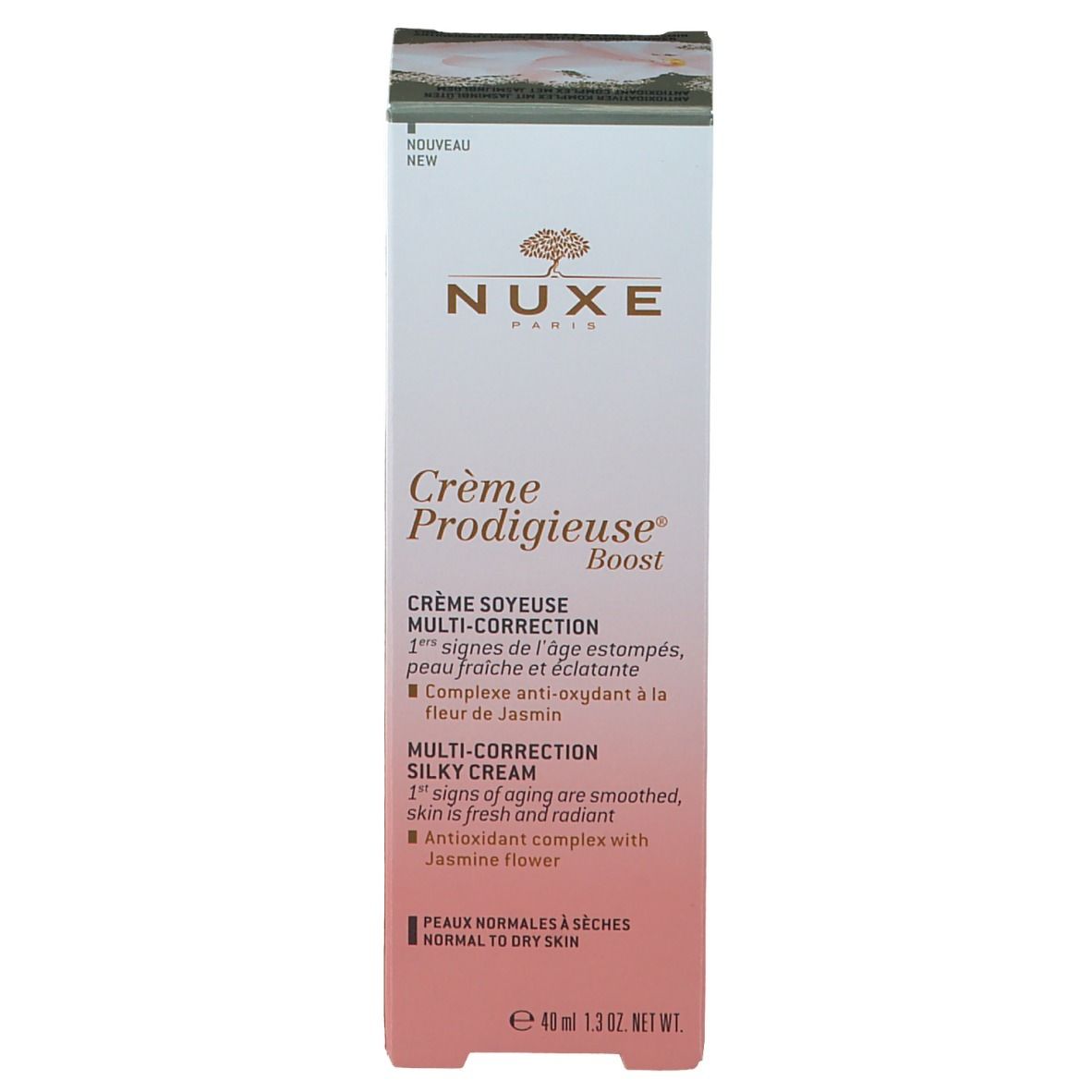 Emballage du produit, boîte. Inscription: NUXE, Crème Prodigieuse Boost. Crème pour peaux normales à sèches.