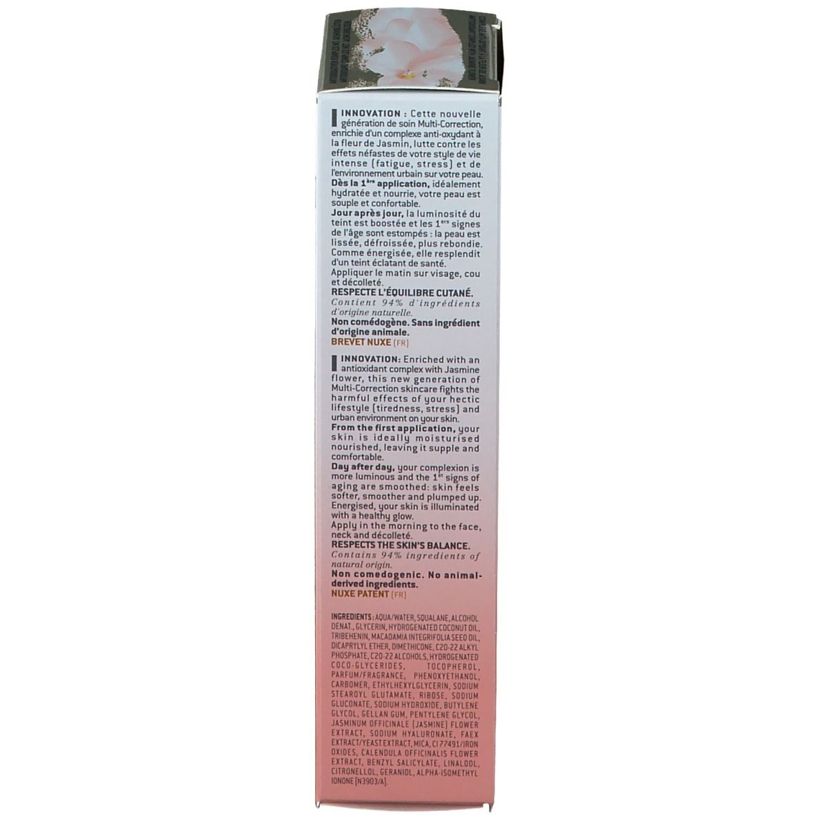 Emballage du produit, dos de la boîte. Texte: Crème Prodigieuse Boost, ingrédients, instructions d'utilisation.