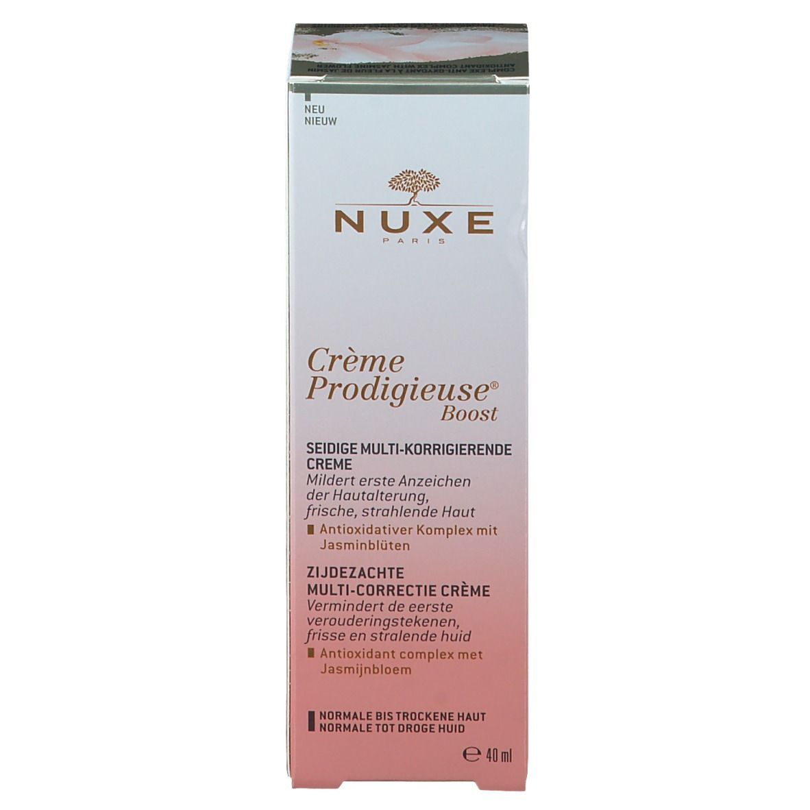 Emballage du produit, boîte. Inscription: NUXE, Crème Prodigieuse Boost. Crème pour peaux normales à sèches.