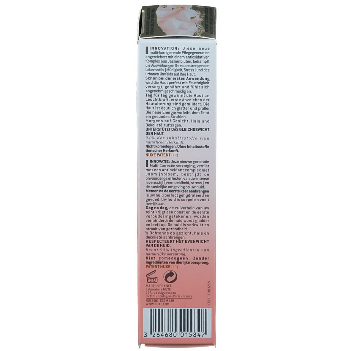 Emballage du produit, dos de la boîte. Texte: Crème Prodigieuse Boost, ingrédients, instructions d'utilisation.