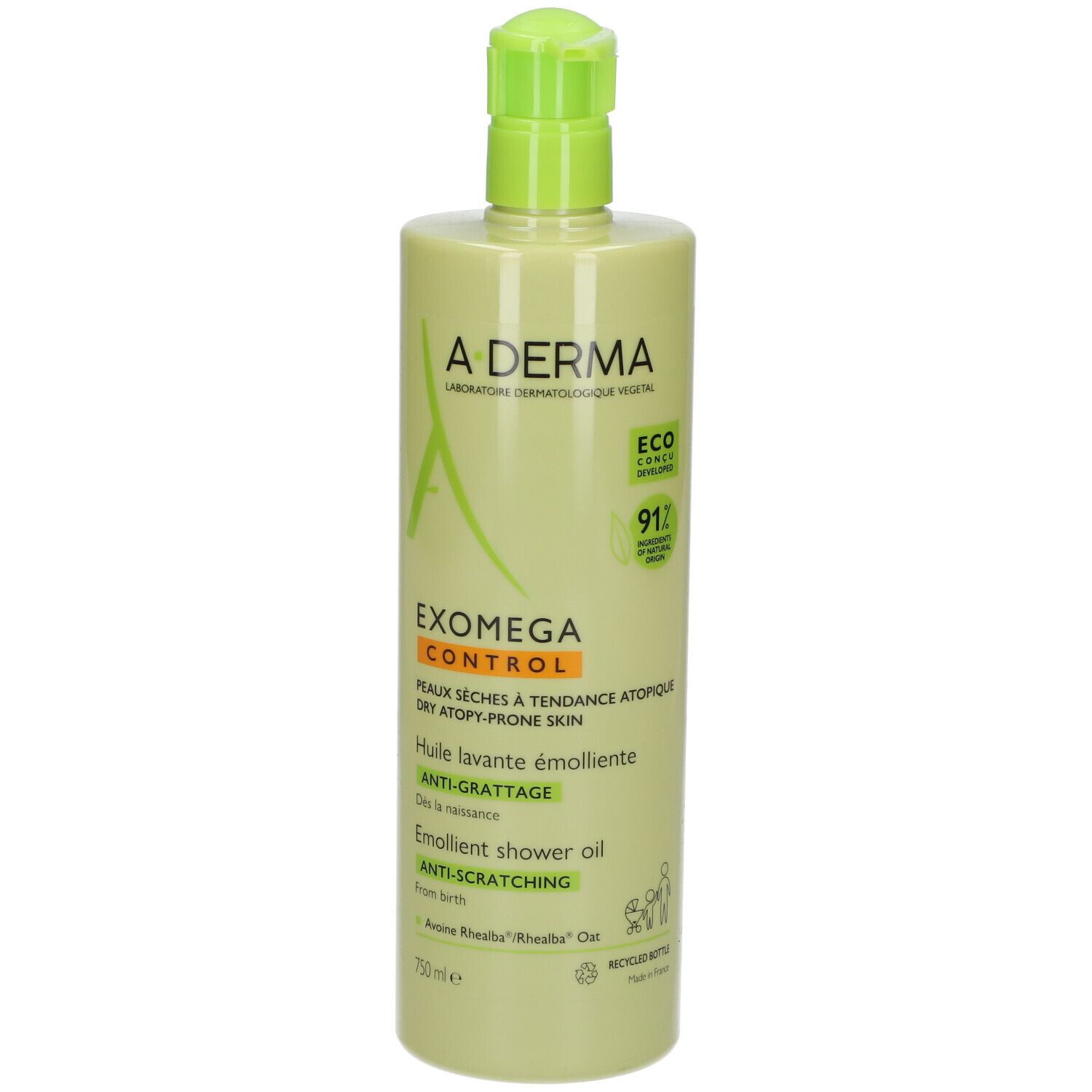 Groene fles met pomp. Opschrift A-DERMA, EXOMEGA CONTROL, Emollient Shower Oil. Eco-label.