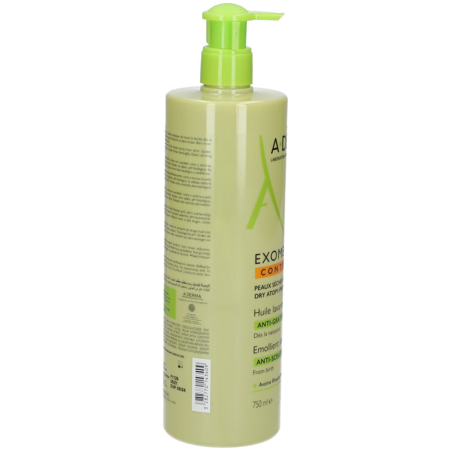 Groene fles met pomp. Achterkant met tekst. A-DERMA, EXOMEGA CONTROL, Emollient Shower Oil. 750ml.